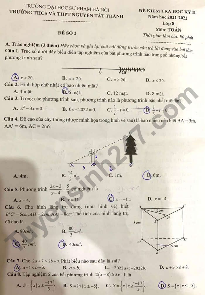 Đề thi học kì 2 lớp 8 môn Toán năm 2022 - THCS&THPT Nguyễn Tất Thành 