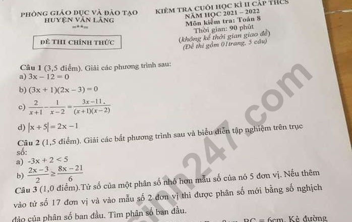 Đề thi kì 2 lớp 8 môn Toán - Phòng GD Văn Lãng 2022