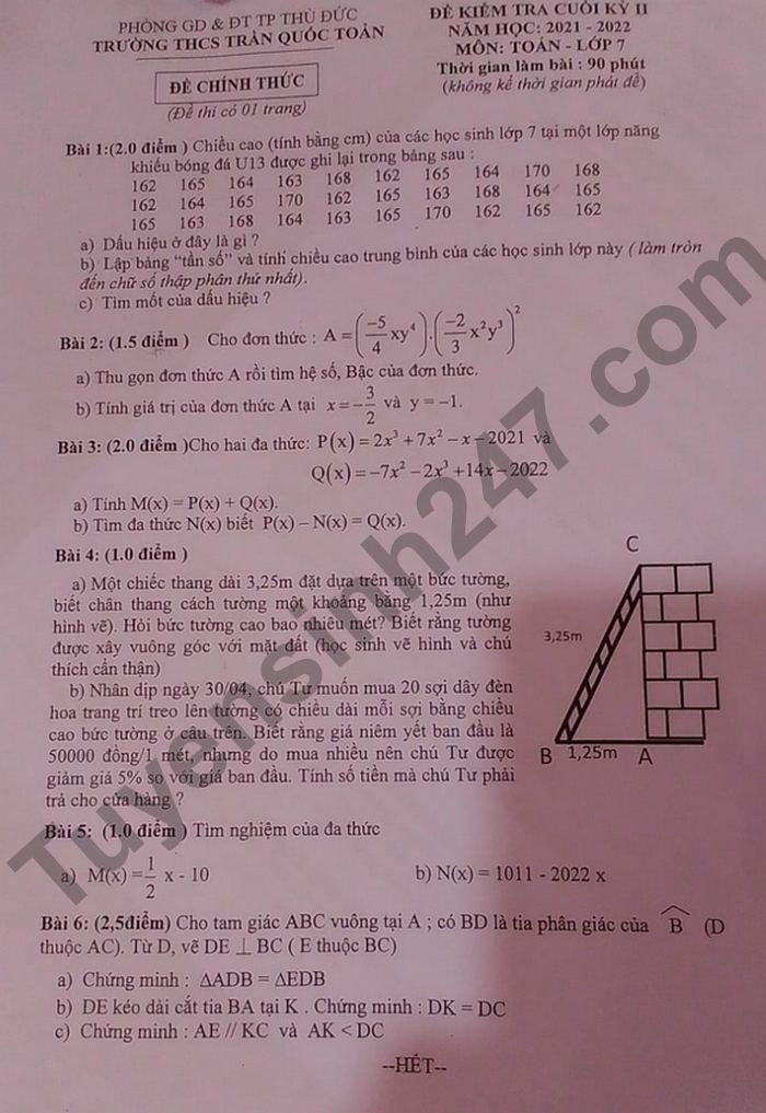 Đề thi kì 2 môn Toán lớp 7 THCS Trần Quốc Toản 2022