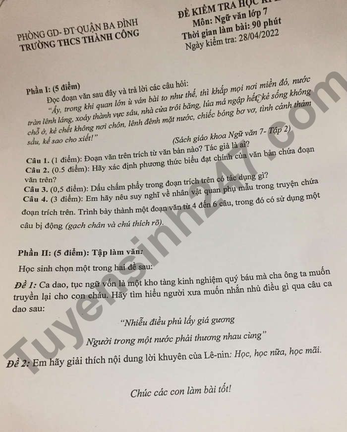 Đề thi kì 2 THCS Thành Công lớp 7 môn Văn 2022