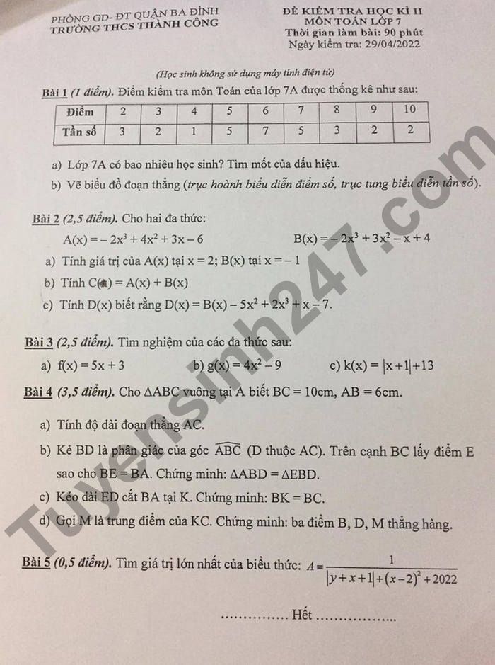 Đề thi kì 2 lớp 7 môn Toán 2022 THCS Thành Công