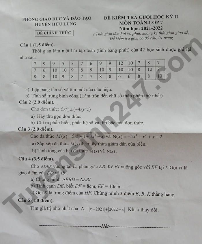 Đề thi kì 2 Huyện Hữu Lũng lớp 7 môn Toán 2022