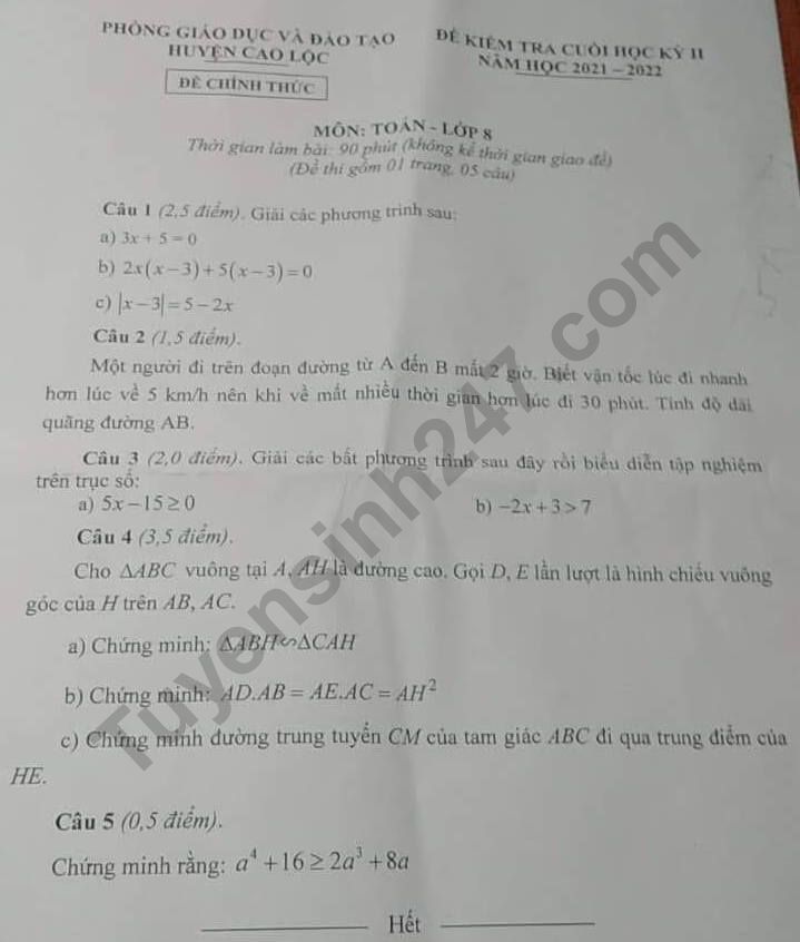 Đề kì 2 môn Toán lớp 8 - Phòng GD Cao Lộc 2022