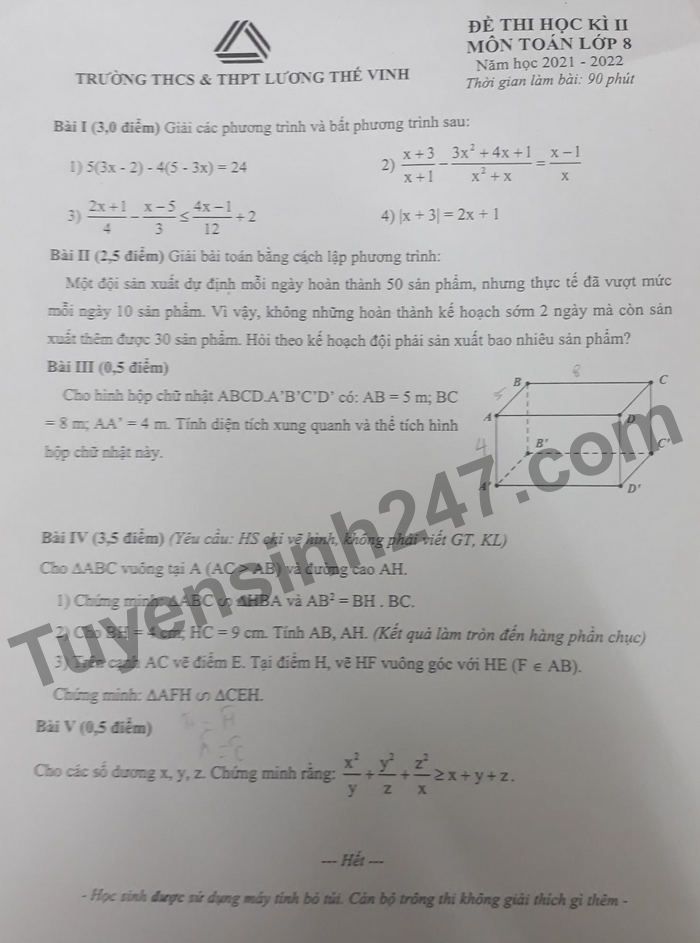 Đề thi kì 2 môn Toán Trường THCS và THPT Lương Thế Vinh lớp 8 năm 2022 