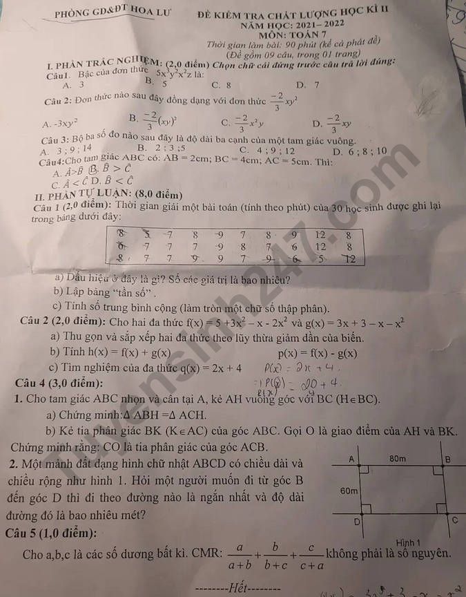 Đề kiểm tra kì 2 lớp 7 môn Toán 2022 - Phòng GD Hoa Lư