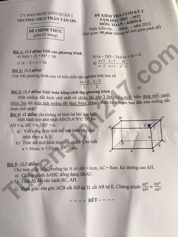Đề thi kì 2 môn Toán 2022 THCS Trần Văn Ơn lớp 8