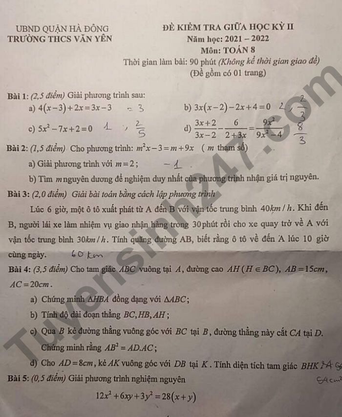 Đề thi kì 2 THCS Văn Yên 2022 môn Toán lớp 8 