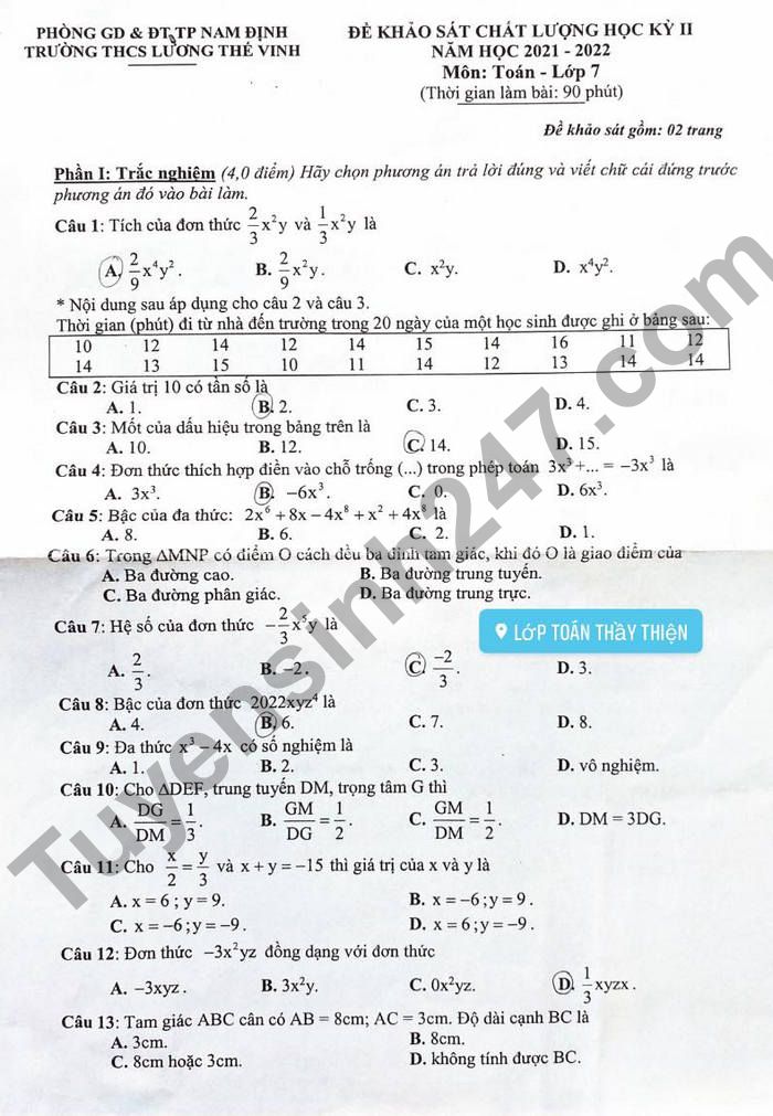 Đề thi kì 2 THCS Lương Thế Vinh 2022 lớp 7 môn Toán