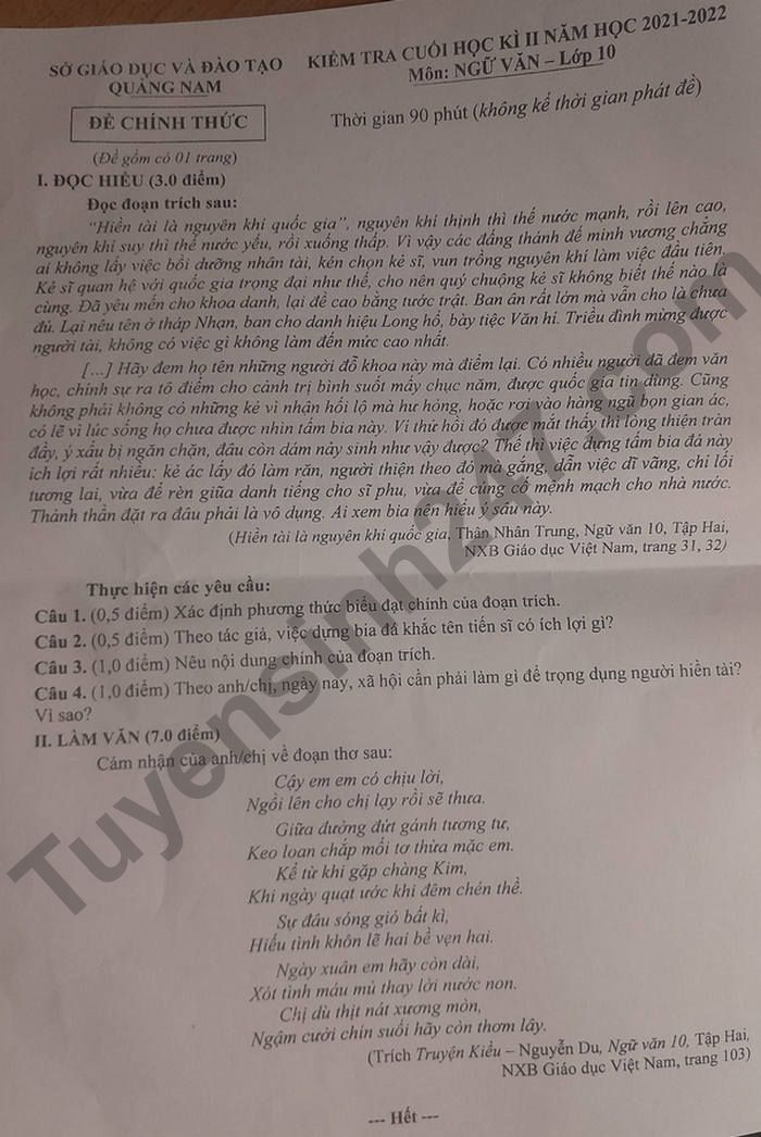 Đề thi kì 2 lớp 10 môn Văn tỉnh Quảng Nam 2022