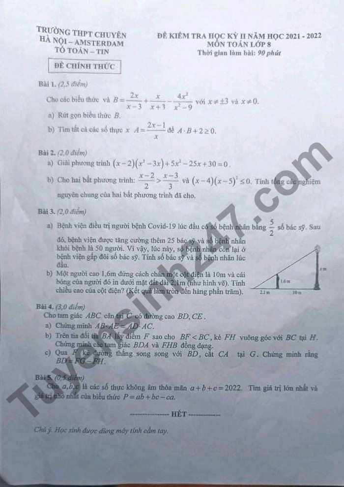 Đề thi học kì 2 môn Toán Chuyên Amsterdam lớp 8 năm 2022