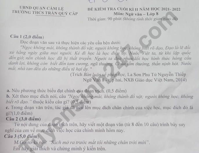 Đề thi kì 2 lớp 8 môn Văn 2022 - THCS Trần Quý Cáp