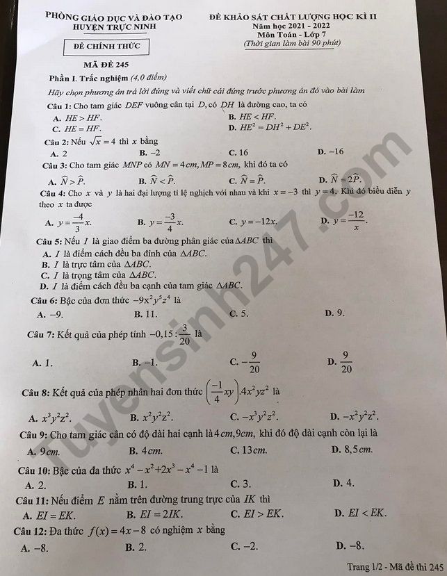 Đề thi kì 2 môn Toán lớp 7 - Phòng GD Trực Ninh 2022