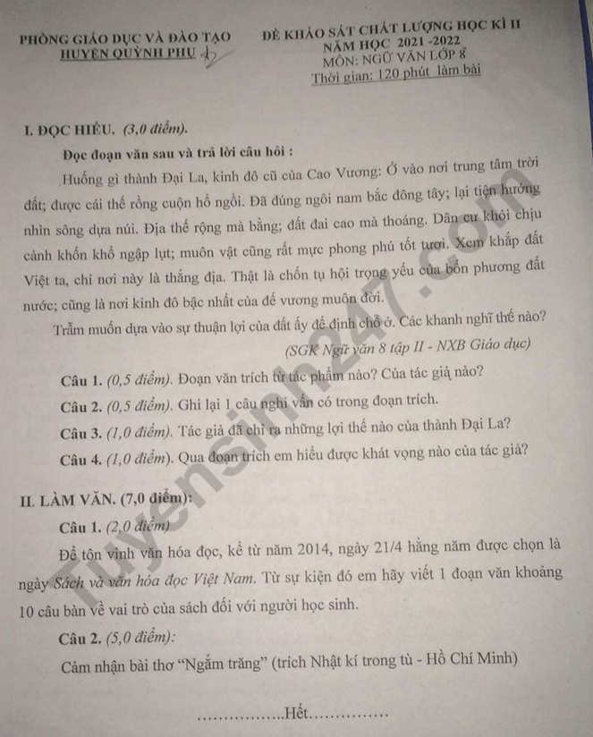 Đề thi kì 2 lớp 8 môn Văn - Phòng GD Quỳnh Phụ 2022