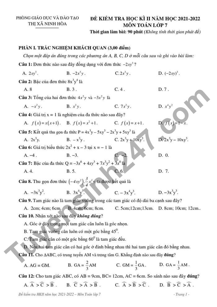 Đề thi kì 2 môn Toán 7 năm học 2021 - 2022 Phòng GD và DT TX Ninh Hòa 
