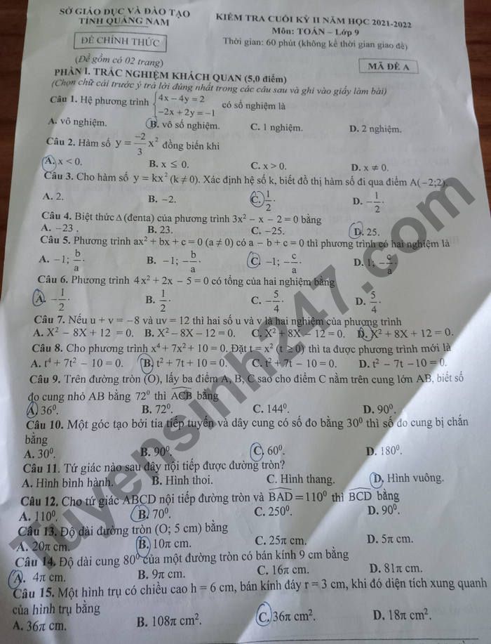 Đề thi kì 2 môn Toán 9 Sở GD và ĐT Quảng Nam năm học 2021 - 2022