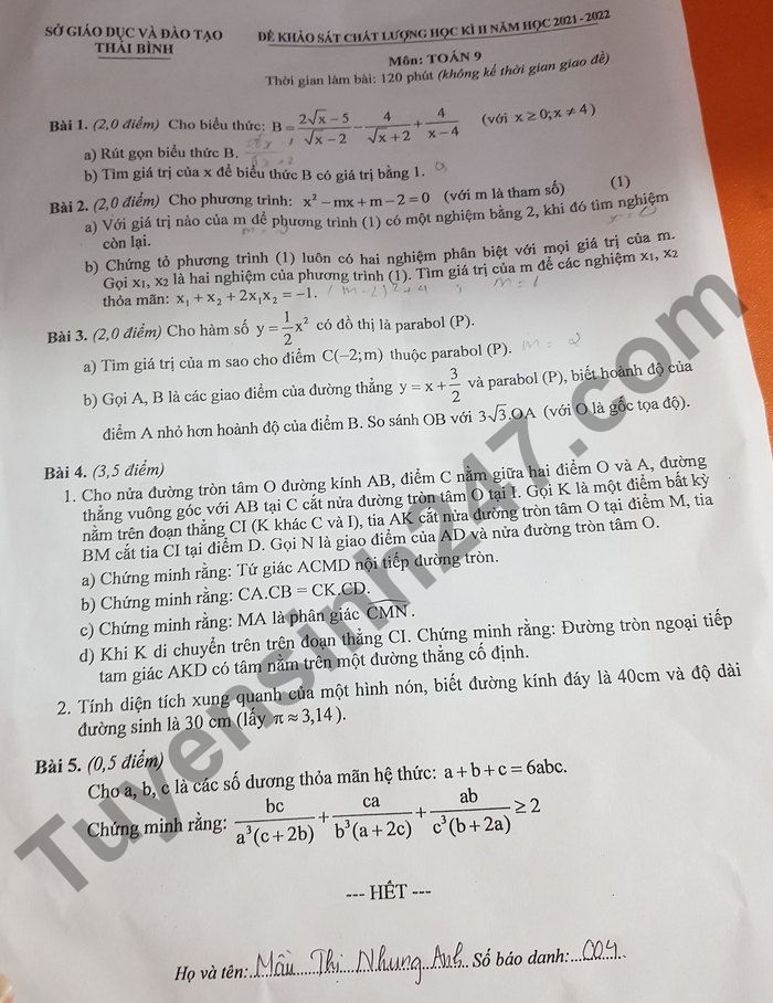 Đề thi kì 2 môn Toán 9 Sở GD và ĐT Thái Bình năm học 2021 - 2022 