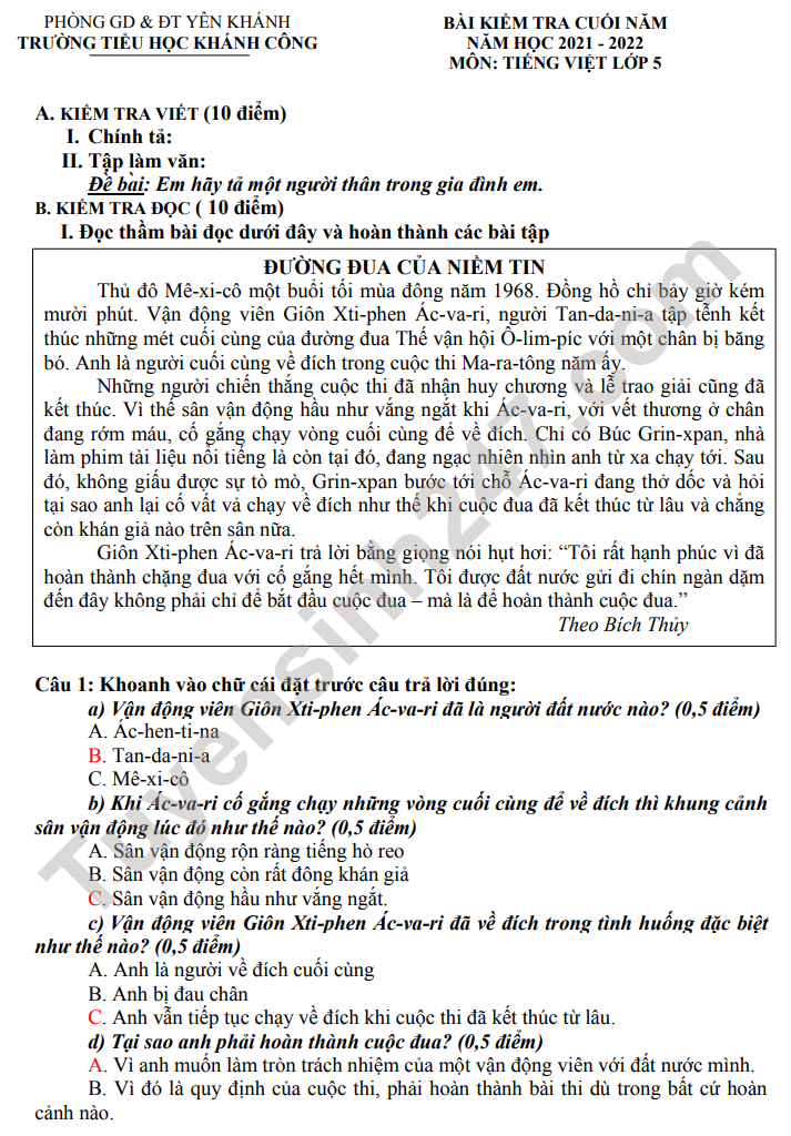 Đề kì 2 môn Tiếng Việt lớp 5 - TH Khánh Công 2022 (Có đáp án)
