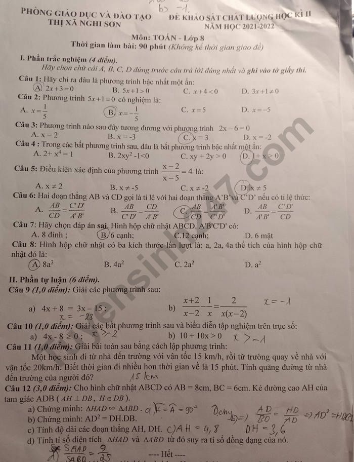 Đề kì 2 lớp 8 môn Toán 2022 - TX Nghi Sơn