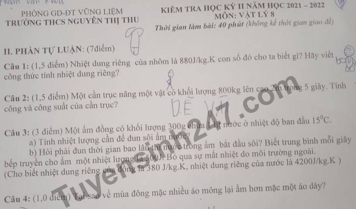 Đề thi kì 2 môn Lý lớp 8 - THCS Nguyễn Thị Thu năm 2022 