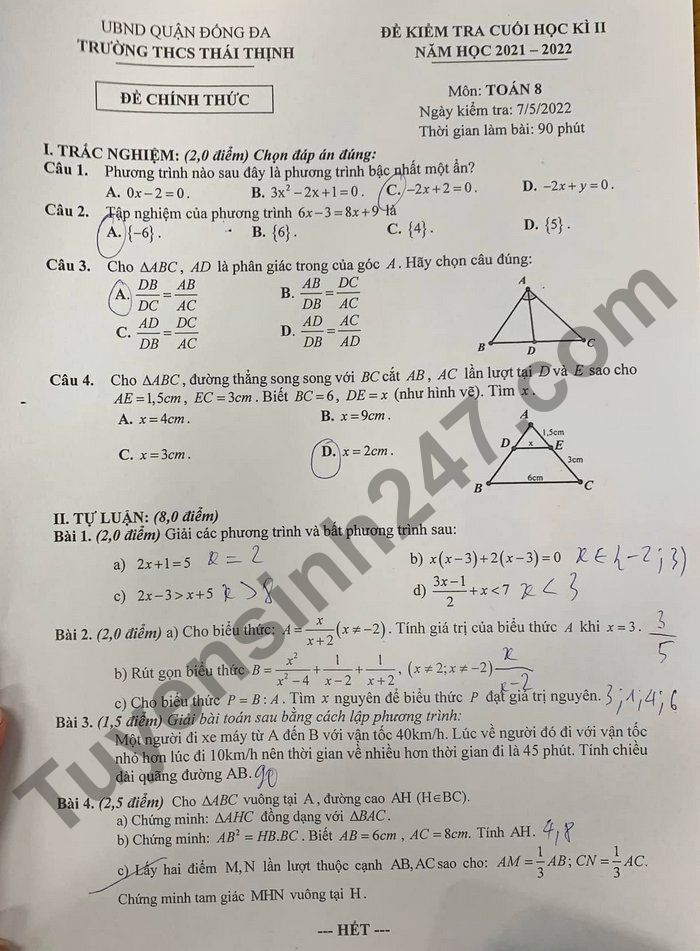 Đề thi kì 2 năm 2022 THCS Thái Thịnh môn Toán lớp 8 