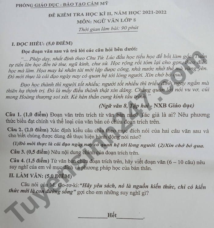 Đề thi kì 2 năm 2022 môn Văn lớp 8 Phòng GD và ĐT Cẩm Mỹ 