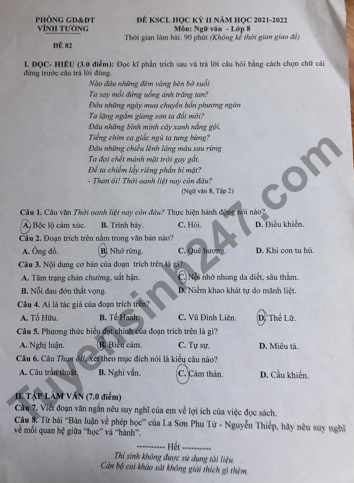 Đề thi kì 2 môn Văn lớp 8 - Phòng GD và ĐT Vĩnh Tường năm học 2021-2022