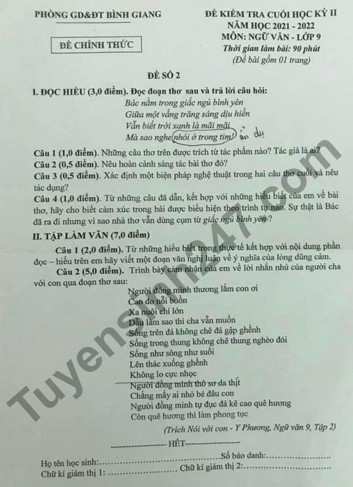 Đề thi kì 2 năm 2022 môn Văn lớp 9 Phòng GD Bình Giang 