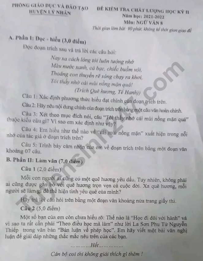 Đề thi học kì 2 lớp 8 môn Văn - Phòng GD huyện Lý Nhân