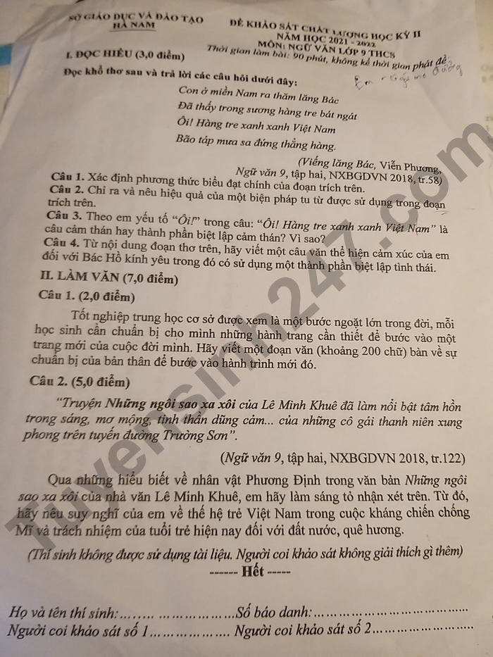 Đề thi kì 2 lớp 9 Sở GD Hà Nam 2022 môn Văn