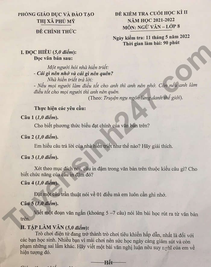 Đề thi kì 2 TX Phú Mỹ lớp 8 môn Văn 2022