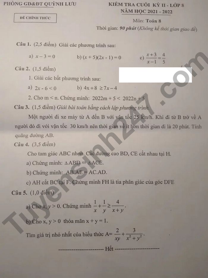 Đề thi kì 2 môn Toán lớp 8 2022 Phòng GD Quỳnh Lưu