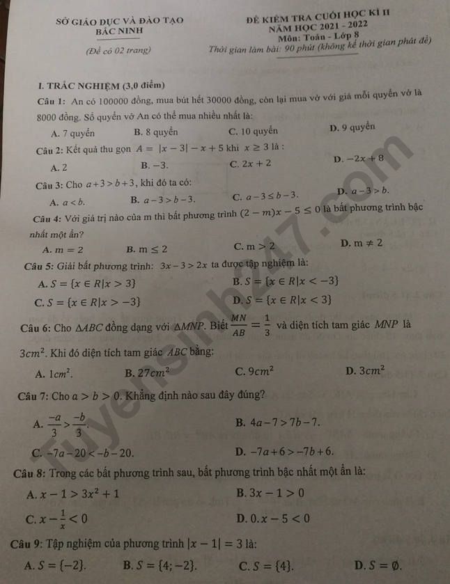 Đề thi kì 2 môn Toán lớp 8 - Sở GD Bắc Ninh 2022