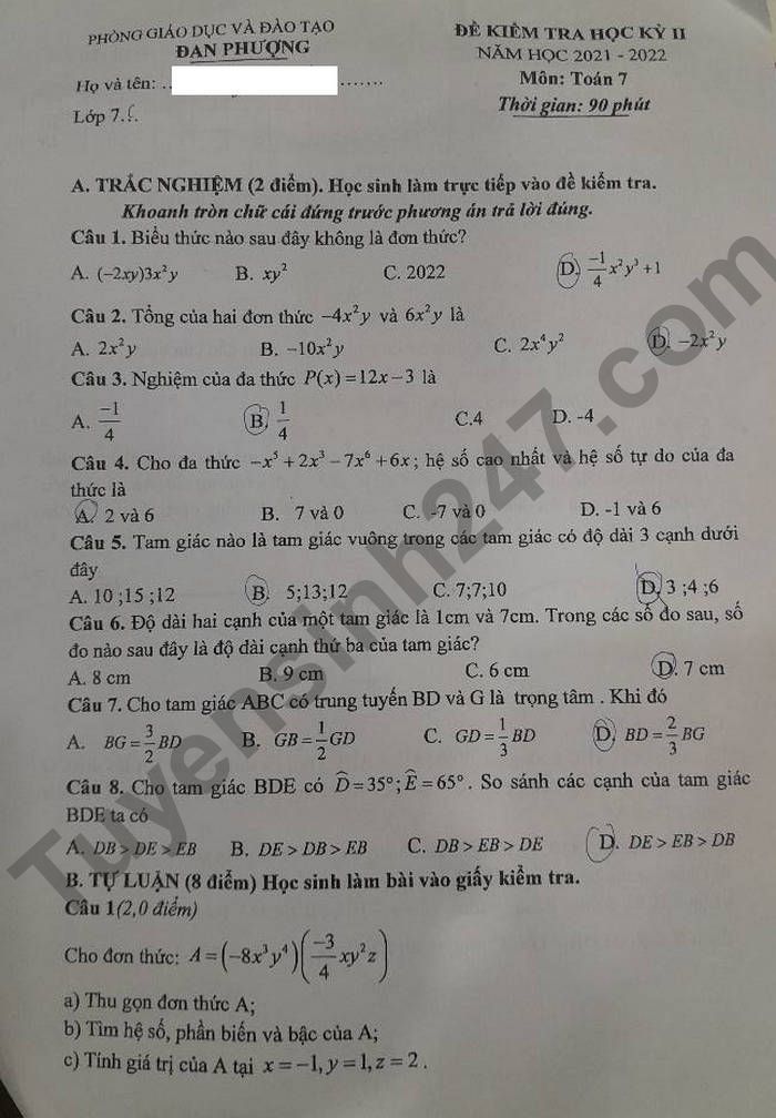 Đề thi kì 2 môn Toán lớp 7 Huyện Đan Phượng 2022