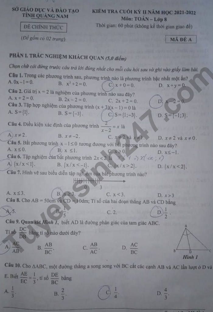Đề thi kì 2 lớp 8 tỉnh Quảng Nam môn Toán 2022