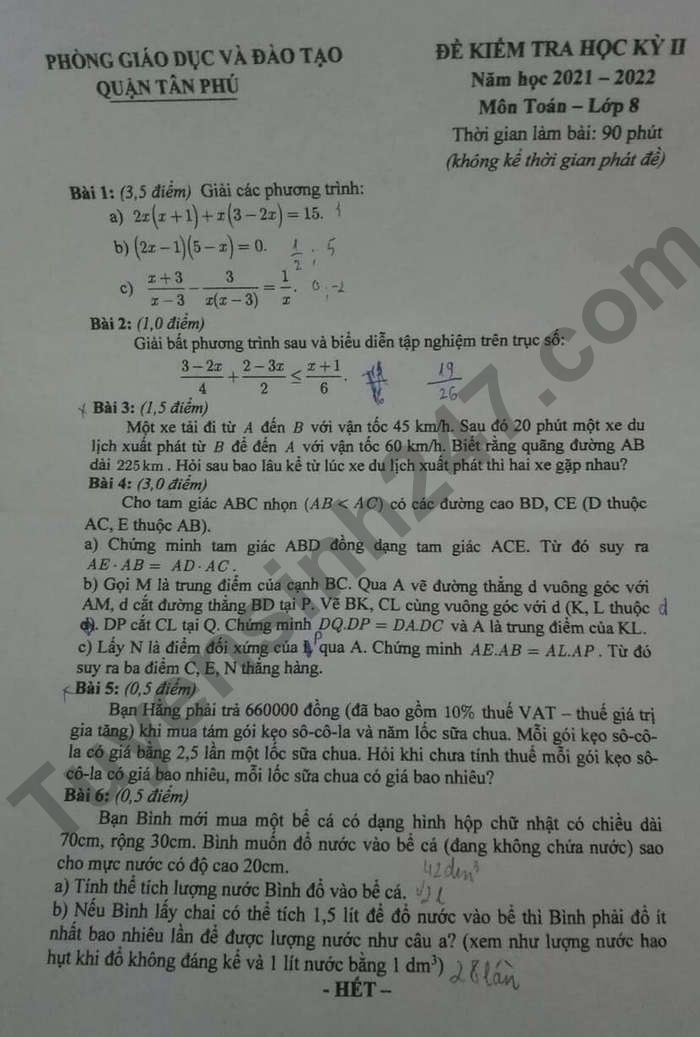 Đề thi kì 2 lớp 8 2022 Quận Tân Phú môn Toán