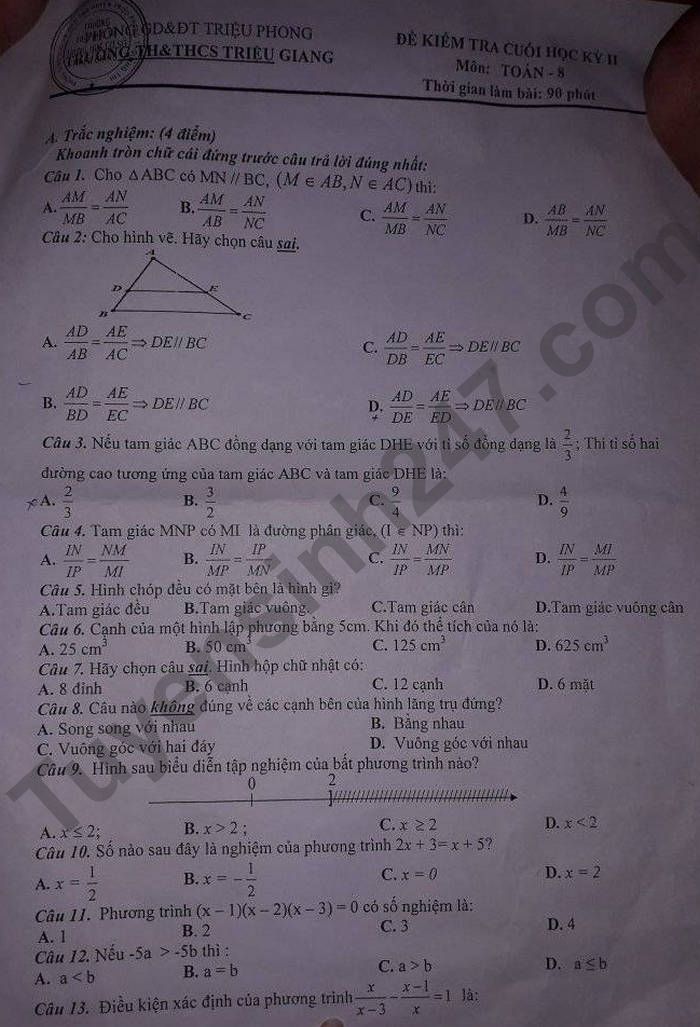Đề thi kì 2 lớp 8 TH&THCS Triệu Giang môn Toán 2022 