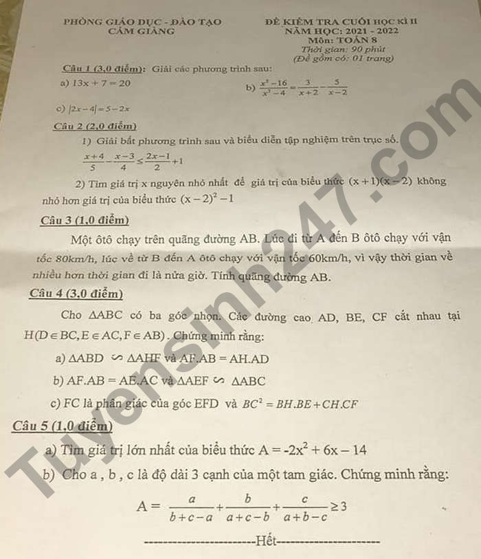 Đề thi kì 2 Phòng GD Cẩm Giàng lớp 8 môn Toán 2022