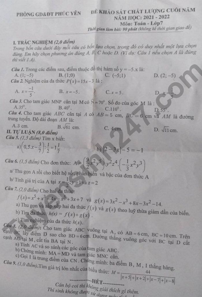 Đề thi kì 2 môn Toán lớp 7 Huyện Phúc Yên 2022