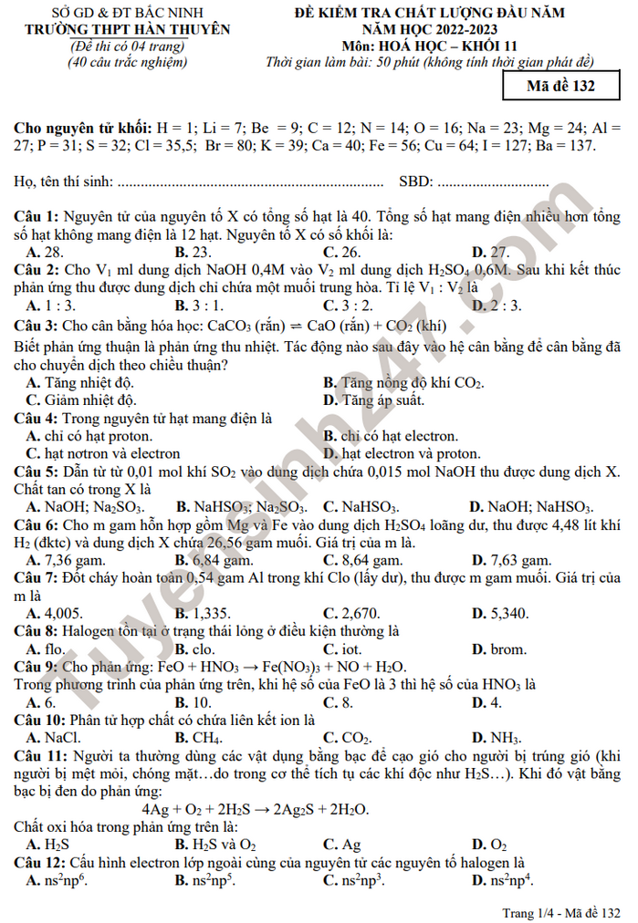 Đề KSCL đầu năm môn Hóa lớp 11 THPT Hàn Thuyên 2022 - Có đáp án