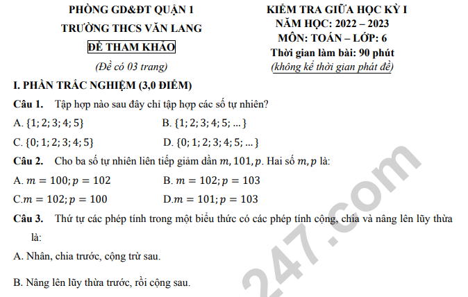 Đề thi giữa kì 1 môn Toán lớp 6 năm 2022 - THCS Văn Lang (Tham khảo)