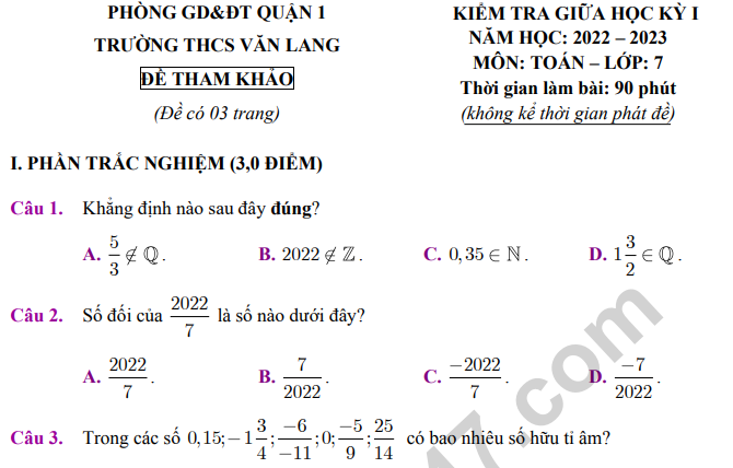 Đề giữa kì 1 lớp 7 môn Toán - THCS Văn Lang 2022 (Tham khảo)