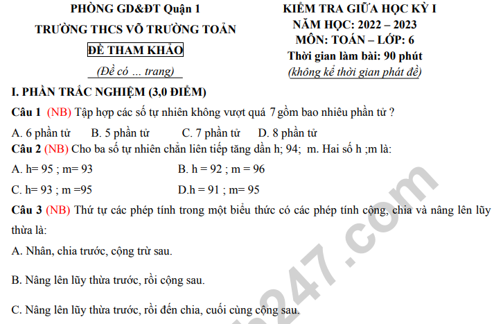 Đề thi giữa kì 1 lớp 6 môn Toán - THCS Võ Trường Toản 2022 (Tham khảo)