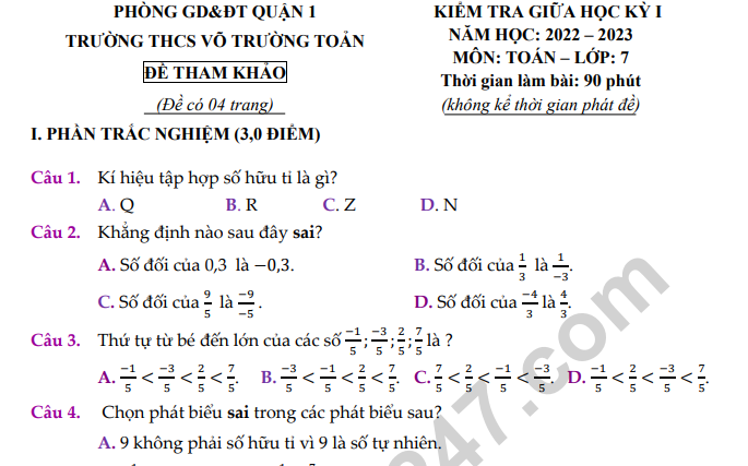 Đề giữa kì 1 lớp 7 năm 2022 môn Toán - THCS Võ Trường Toản (Tham khảo)