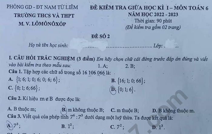 Đề thi giữa kì 1 lớp 6 môn Toán 2022 - 2023 - THCS THPT M.V Lômônôxôp