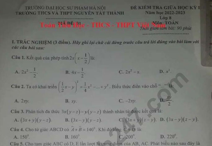 Đề thi giữa kì 1 lớp 8 môn Toán 2022 - THCS THPT Nguyễn Tất Thành