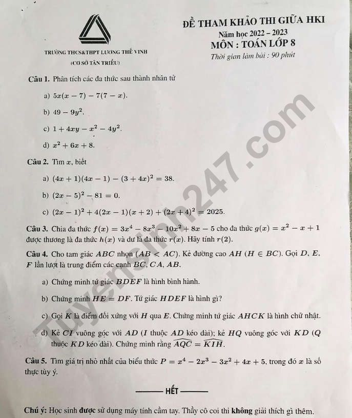 Đề thi giữa kì 1 lớp 8 Toán 2022 - THCS THPT Lương Thế Vinh (Tham khảo)