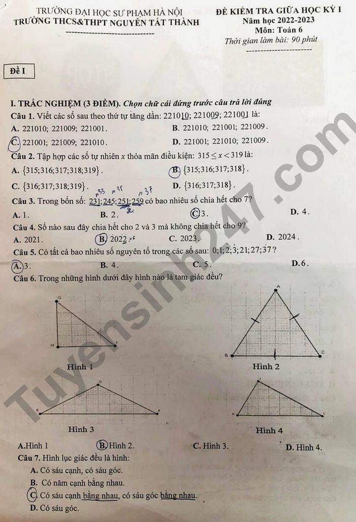 Đề thi giữa kì 1 THCS&THPT Nguyễn Tất Thành lớp 6 môn Toán năm 2022