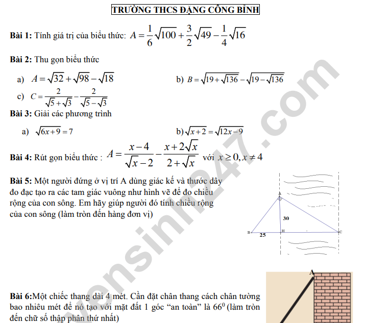 Đề kiểm tra GK1 lớp 9 môn Toán 2022 - THCS Đặng Công Bỉnh (Tham khảo)