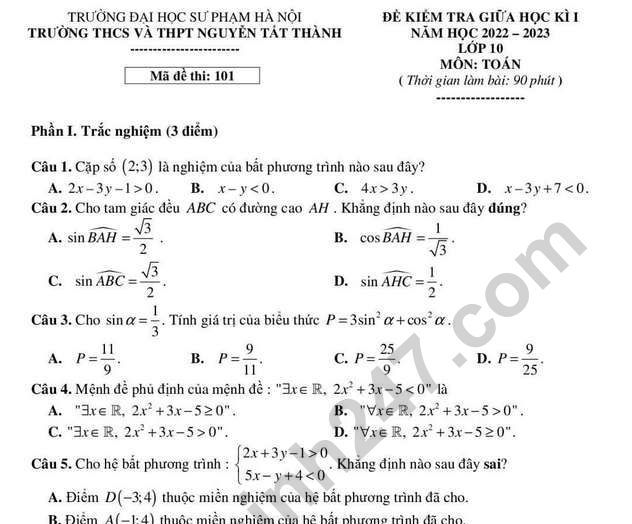 Đề thi giữa kì 1 năm 2022 môn Toán lớp 10 - THCS THPT Nguyễn Tất Thành