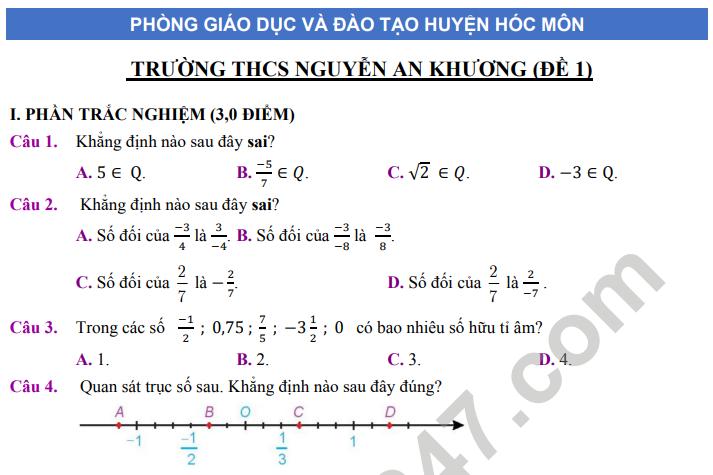 Đề giữa kì 1 lớp 7 môn Toán 2022 (Tham khảo) - Phòng GD Hóc Môn